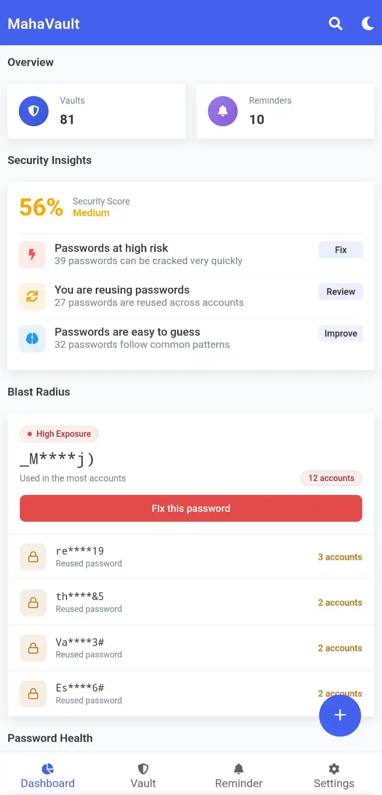 MahaVault dashboard showing security overview, vault statistics, and recent activity