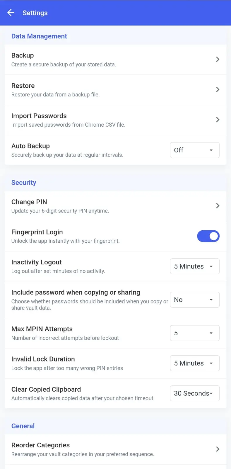 MahaVault privacy settings with biometric login, auto lock, and security options