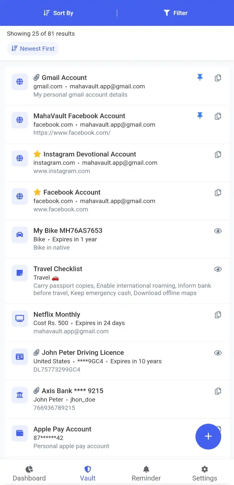 MahaVault vault list displaying encrypted categories and quick actions